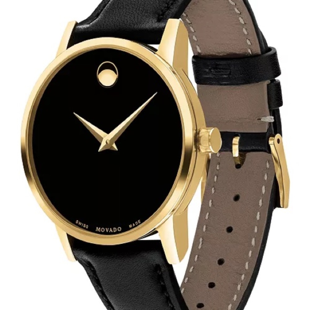 Movado Black and Gold Museum Dial Leather Strap Watch - Picture 3 of 5
